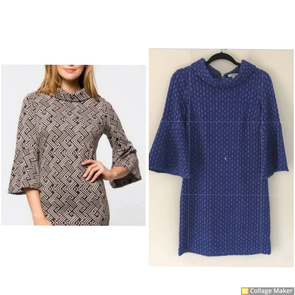 Tyler Boe Rollover Neck Bell Sleeve Knit Dress Blue Diamond Women's Size XS